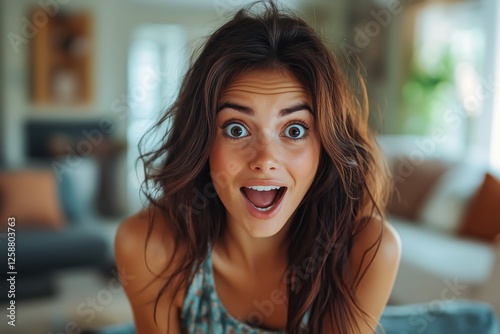 Excited woman expressing joy in cozy living room during daytime