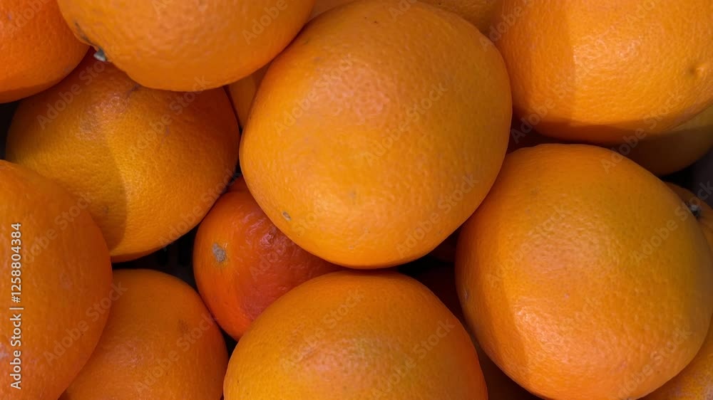 Oranges on display at the vegetable shop, tracking shot in top view on Orange fruits Oranges on display at the vegetable shop, tracking shot in top view on Orange fruits