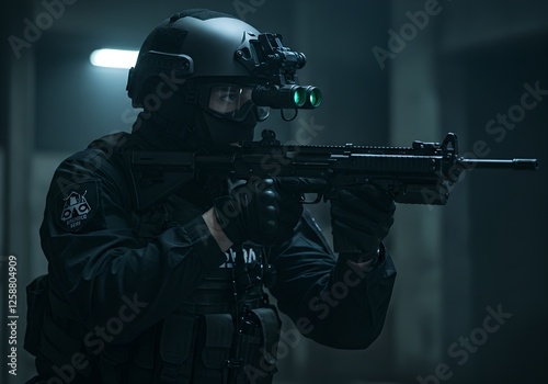 Swat team member in full tactical gear aiming rifle with night vision goggles. Special forces operative in dark corridor. Law enforcement combat training.