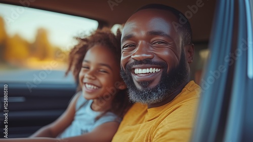 Smiling father and daughter enjoying a sunny drive together on a warm day