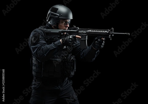 Swat team member in black tactical gear aiming assault rifle. Law enforcement officer in full protective equipment for operations. Dark background. photo