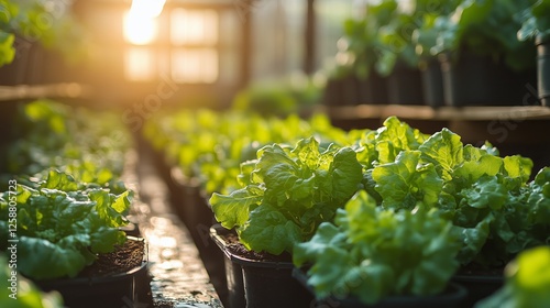 Lush green lettuce growing in pots during sunset in a greenhouse environment