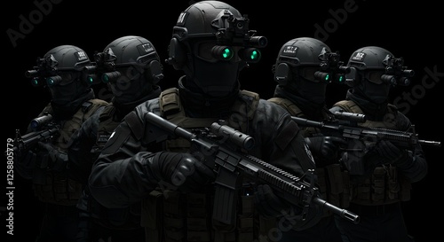 Swat team in tactical gear with night vision goggles. Armed special forces unit ready for night operations. Military anti-terrorism squad concept photo