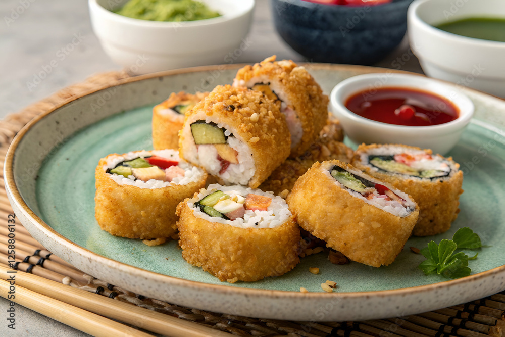 Crispy fried sushi rolls arranged on a green plate, accompanied by dipping sauce and garnishes, showcasing a delicious fusion of flavors. Crispy fried sushi rolls arranged on a green plate, accompanied by dipping sauce and garnishes, showcasing a delicious fusion of flavors.