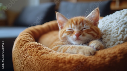 Cute orange kitten peacefully sleeping in cozy pet bed on a soft cushion