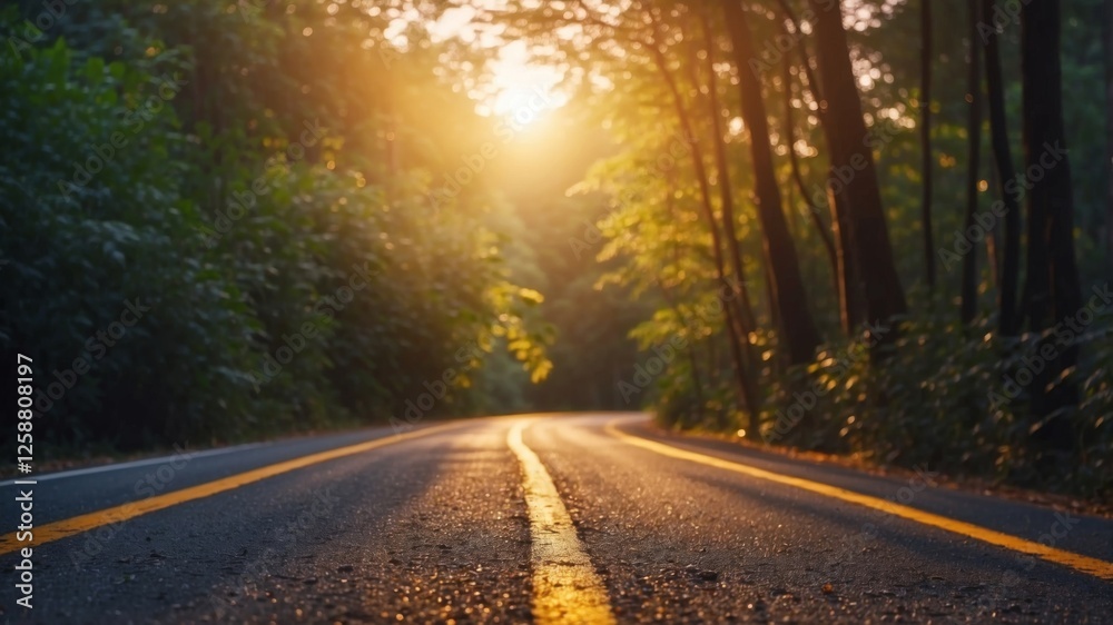 Fototapeta premium A winding road leads through a vibrant forest, illuminated by the golden light of sunset.
