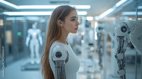 Woman with Robotic Arm in Futuristic Lab Human Robot Interaction Technology