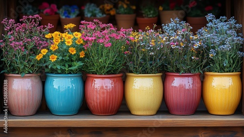 Wallpaper Mural Colorful flower pots arranged in a rustic display showcasing vibrant blooms and greenery Torontodigital.ca