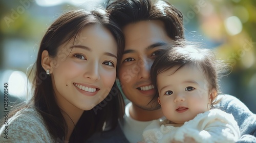 Happy family enjoying a sunny day outdoors with their joyful baby in a park s...