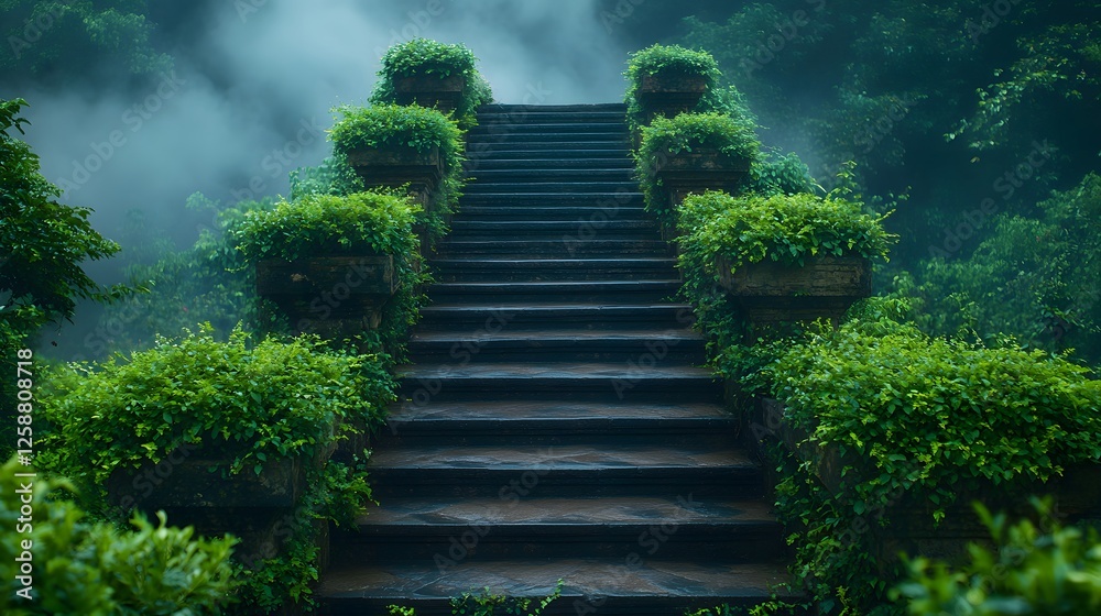Overhead View of Unoccupied Stone Steps Surrounded by Vibrant Exotic Flora Leading to a Mystical Temple in the Green Landscapes of Thailand Overhead View of Unoccupied Stone Steps Surrounded by Vibrant Exotic Flora Leading to a Mystical Temple in the Green Landscapes of Thailand