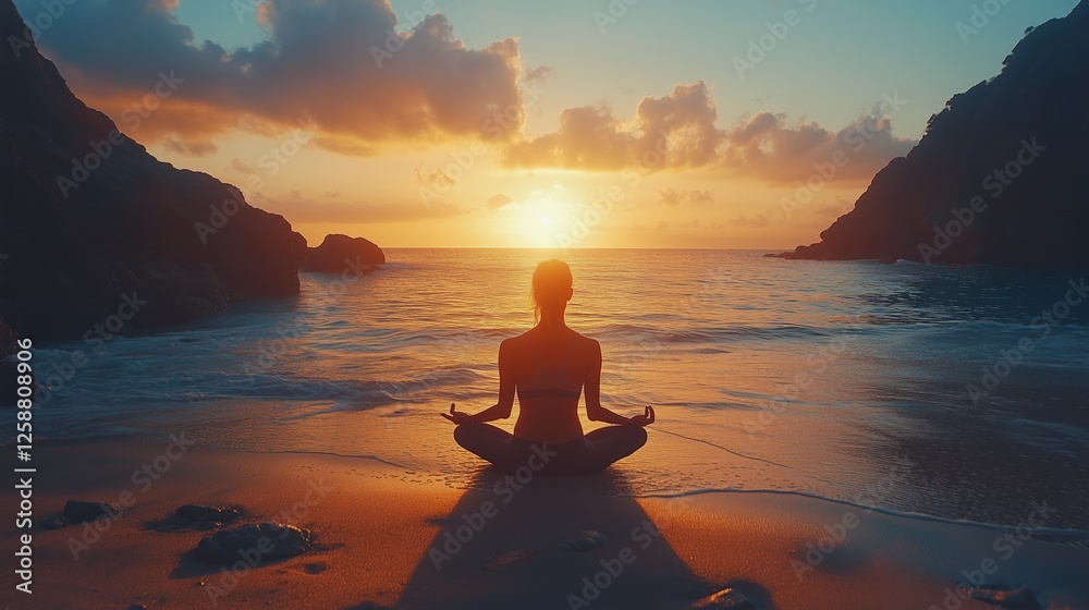 Meditation by the ocean at sunrise with calm waves and vibrant colors Meditation by the ocean at sunrise with calm waves and vibrant colors