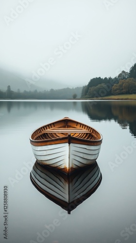 Serene wooden boat floating on calm water surrounded by misty mountains