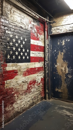 USA flag mural on a weathered brick wall in an urban hallway