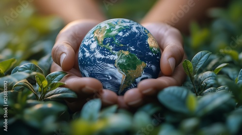 Hands holding a globe surrounded by green leaves representing environmental p...