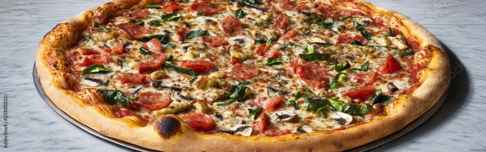 Oven-fresh vegetarian pizza showcases a colorful array of fresh vegetables, including tomatoes and greens, on a crisp golden crust ready to be enjoyed Oven-fresh vegetarian pizza showcases a colorful array of fresh vegetables, including tomatoes and greens, on a crisp golden crust ready to be enjoyed