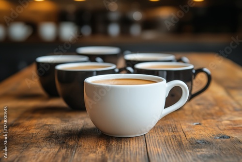 Coffee cups arranged on a wooden table in a cozy cafe setting during morning ...