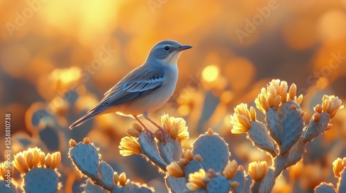 Bird perched on cactus flowers during golden hour in a desert landscape