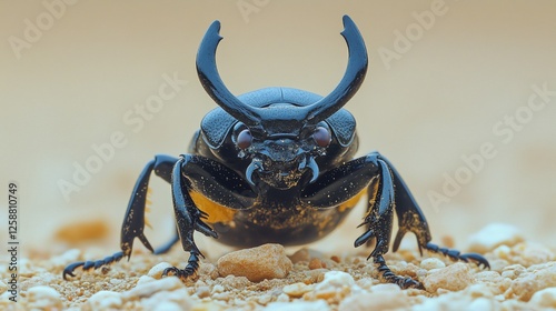 Close-up view of a black rhinoceros beetle in natural habitat on sandy ground...