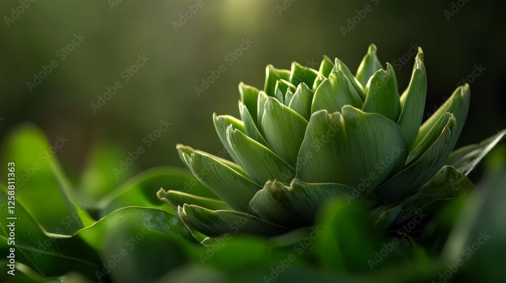 Fototapeta premium Artichoke plants thriving in a lush green garden during golden hour light creating a serene and natural atmosphere