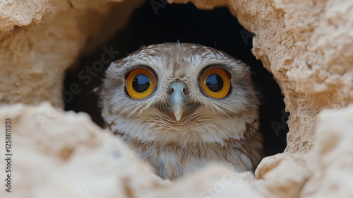 Curious owl peering from a natural rock cavity in daylight