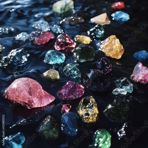 Colorful gemstones and crystals on a wet reflective surface. photo