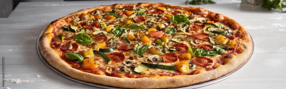 Freshly baked vegetarian pizza showcases an array of colorful vegetables on a wooden table. The vibrant toppings include peppers, mushrooms, and basil, perfect for a healthy meal Freshly baked vegetarian pizza showcases an array of colorful vegetables on a wooden table. The vibrant toppings include peppers, mushrooms, and basil, perfect for a healthy meal