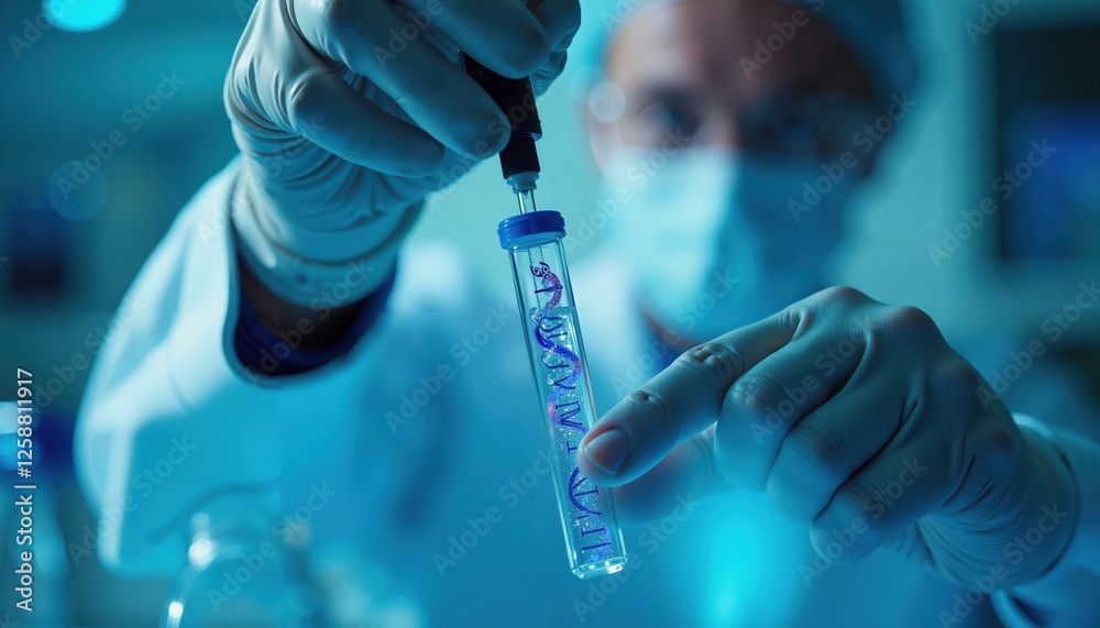Scientist extracts DNA sample in lab, DNA storage concept. Scientist extracts DNA sample in lab, DNA storage concept.
