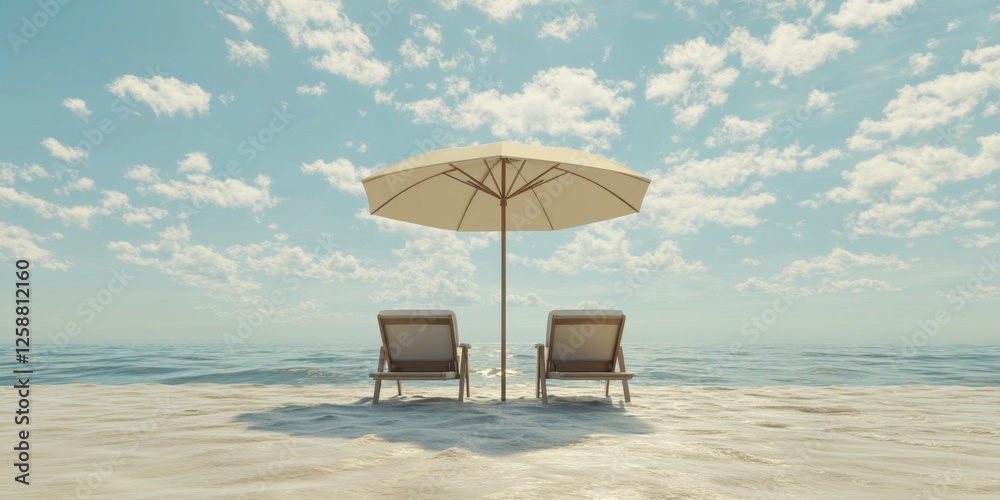Beach chairs, umbrella, ocean, sunny sky, relaxation Beach chairs, umbrella, ocean, sunny sky, relaxation