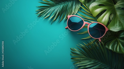 Sunglasses resting among tropical leaves on a turquoise background in bright ...