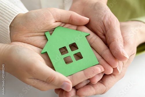 Two hands gently holding a green paper house symbolizing home and family unity, with a soft background