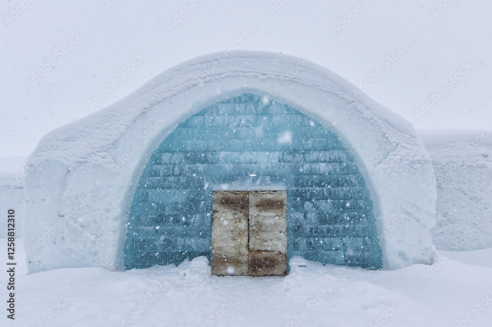 The entrance of the Ice Hotel in the north of Sweden in Kiruna