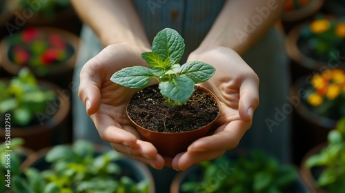 Holding a young plant with care in a vibrant garden setting during the daylig...