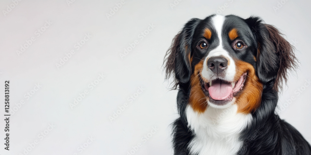 Bernese Mountain Dog, a funny and fun dog looking at the camera, highlighted on a white background. Care concept, animal life, health, exhibition. Isolated. Copy space for ad Bernese Mountain Dog, a funny and fun dog looking at the camera, highlighted on a white background. Care concept, animal life, health, exhibition. Isolated. Copy space for ad