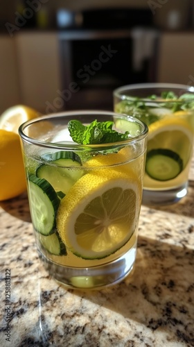 Refreshing cucumber mint lemonade served in clear glasses on a granite counte...