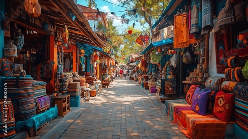 Colorful market street filled with handicrafts and vibrant textiles in a sunny setting photo