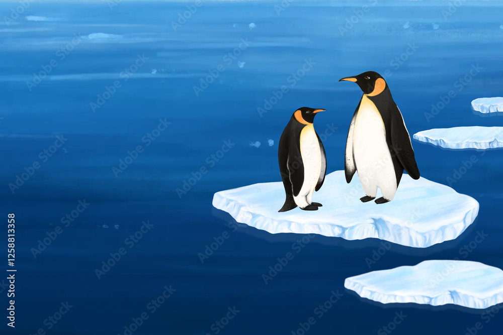 Obraz premium Penguin environment, blue background, aesthetic paint illustration