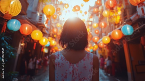 Evening walk among colorful lanterns in a bustling market district