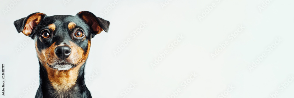 A funny and cheerful dog of black and red color, highlighted on a white background. Care concept, animal life, health, exhibition. Banner. Isolated. Copy space for ad A funny and cheerful dog of black and red color, highlighted on a white background. Care concept, animal life, health, exhibition. Banner. Isolated. Copy space for ad