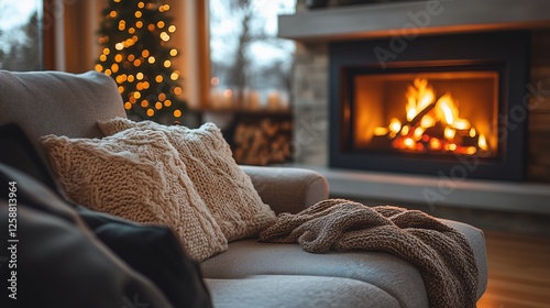 Cozy living room with fireplace and Christmas tree during winter evening
