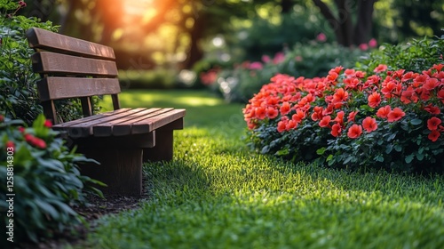 Relaxing garden area with flowers and a wooden bench during golden hour