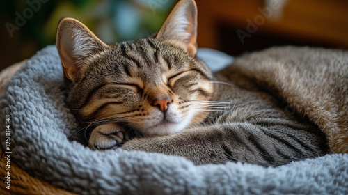 Cat peacefully sleeping on a cozy blanket in a warm home environment during t...