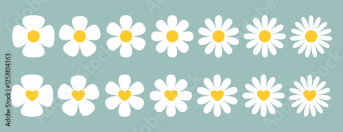 Daisy chamomile flower. Beautiful Collection of Hand-Drawn Daisy Flowers with Yellow Heart Centers on a Soft Pastel Background for Easter and Spring Decorations