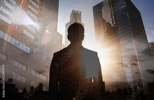 A businessman looks out over the city skyline at sunset. Man silhouette facing  New York City, people reaching goals,  having a vision, never give up concept 