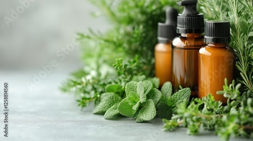 Essential oils displayed among fresh herbs on a rustic table in natural light