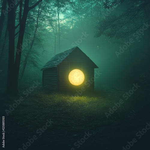 Mysterious wooden cabin in a dark forest with a glowing circular window. photo