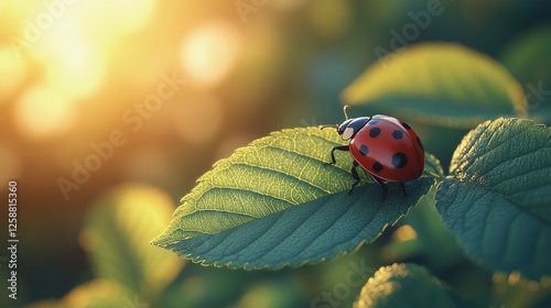 Ladybug resting on a green leaf in sunlight near a garden during golden hour