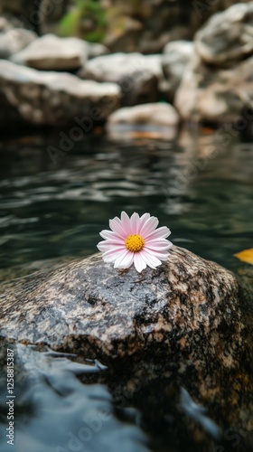 Delicate flower resting on a smooth rock in tranquil water during daylight