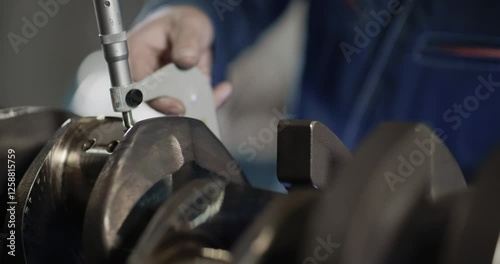 Engineer measuring crankshaft with a micrometer, Precision measurement of a crankshaft with a micrometer