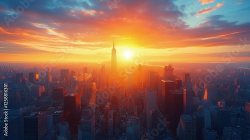 Stunning sunset view over a city skyline with skyscrapers and vibrant colors