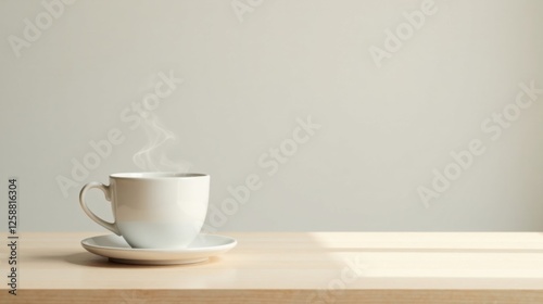 Wallpaper Mural A steaming cup of hot beverage rests on a saucer atop a light wood surface, bathed in soft, natural light Torontodigital.ca